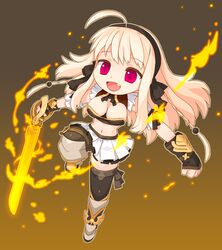  blonde_hair breasts cleavage fang fire hairband midriff ran_system red_eyes sword thighhighs weapon 