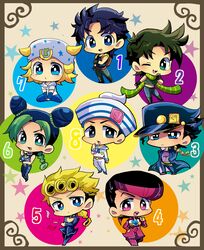  1girl 6+boys absurdres black_hair blonde_hair blue_hair chibi giorno_giovanna green_hair higashikata_jousuke higashikata_jousuke_(jojolion) highres johnny_joestar jojo_no_kimyou_na_bouken jojolion jonathan_joestar joseph_joestar_(young) kuujou_jolyne kuujou_joutarou motsu_(40217141) multiple_boys purple_hair steel_ball_run 