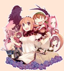  black_hair blonde_hair brown_hair horns long_hair pink_hair short_hair sword weapon 