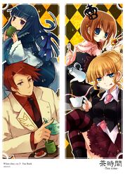  blonde_hair blue_eyes blue_hair brown_eyes cat_tail crown cup dress food frederica_bernkastel frills hanokage jacket necktie orange_hair purple_eyes red_hair redhead ribbon smile suzushiro_kurumi tail tea thigh-highs thighhighs umineko_no_naku_koro_ni ushiromiya_battler ushiromiya_maria violet_eyes zettai_ryouiki 