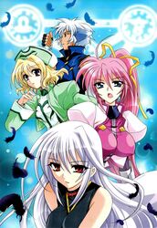 blonde_hair blue_eyes breasts feathers hat highres large_breasts long_hair magic_circle mahou_shoujo_lyrical_nanoha mahou_shoujo_lyrical_nanoha_a's mahou_shoujo_lyrical_nanoha_a's pink_hair ponytail purple_eyes red_eyes reinforce scan scan_artifacts shamal short_hair signum silver_hair violet_eyes zafira 