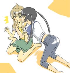  ahoge barefoot blush casual cheek_kiss kiss marumi minami-ke minami_chiaki minami_kana multiple_girls siblings sisters twintails yuri 