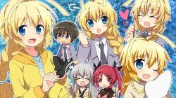  >_< ahoge antenna_hair blonde_hair blue_eyes blush braid brown_hair cthugha_(nyaruko-san) haiyore!_nyaruko-san hastur_(nyaruko-san) long_hair nyarlathotep_(nyaruko-san) open_mouth red_eyes redhead saibi smile trap twintails yasaka_mahiro 