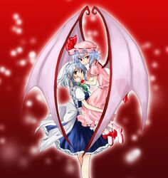  blue_hair braid hat izayoi_sakuya maid miya_(artist) miya_(tsumazukanai) remilia_scarlet ribbon ribbons short_hair touhou twintails wings 