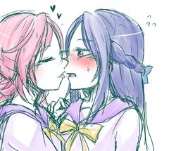  2girls aida_mana blue_eyes blue_hair blush braid bust closed_eyes couple dokidoki!_precure half_updo heart hidaka01 hishikawa_rikka long_hair multiple_girls pink_hair precure saliva saliva_trail school_uniform short_hair simple_background sketch tongue white_background yuri 