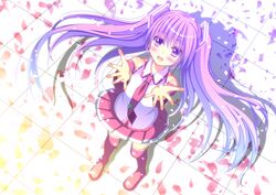 1girl blush boots detached_sleeves from_above hatsune_miku long_hair necktie open_mouth petals purple_hair sakura_miku skirt solo thigh-highs thigh_boots twintails very_long_hair violet_eyes vocaloid yuzukaze_rio