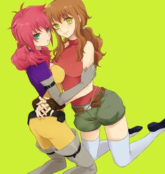  arch_(artist) christina_sierra feldt_grace gloves green_eyes gundam gundam_00 hug plum_(arch) thigh-highs thigh_boots thighhighs yellow_eyes yuri 