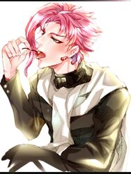  1boy cherry earrings eating food fruit gakuran green_eyes jewelry jojo_no_kimyou_na_bouken kakyouin_noriaki lucyfallforpz pink_hair scarf school_uniform solo 