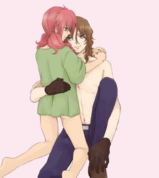  arch_(artist) feldt_grace gloves gundam gundam_00 hug lockon_stratos pink_hair plum_(arch) 