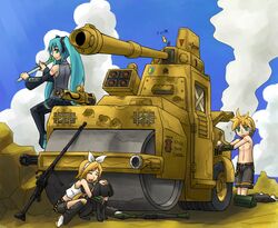  blonde_hair dog gatling_gun green_eyes gun hatsune_miku kagamine_len kagamine_rin military military_vehicle rocket_launcher rpg rpg-7 spring_onion steamroller tank vehicle vocaloid weapon 