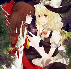  bad_id blonde_hair braid brown_hair hair_ribbon hair_ribbons hakurei_reimu hat kirisame_marisa moruko multiple_girls red_eyes ribbon ribbons shoujo touhou witch_hat yuri 
