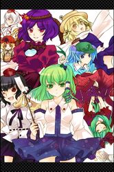  aki_shizuha bad_id black_hair blonde_hair blue_hair eyes green_hair hat inubashiri_momiji japanese_clothes kagiyama_hina kawashiro_nitori kochiya_sanae long_hair miko moriya_suwako mountain_of_faith n-mix ribbon ribbons rope shameimaru_aya short_hair touhou white_hair yasaka_kanako 