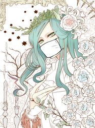  1boy androgynous aqua_hair candle fingernails flower inazuma_eleven_(series) inazuma_eleven_go inazuma_eleven_go_chrono_stone long_fingernails long_hair male solo spot_color star surgical_mask vanfeny_vamp zuwai_kani 
