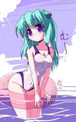  clouds green_hair hazumi_miruku innertube kochiya_sanae one-piece one-piece_swimsuit sky swimsuit touhou water wet 