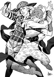  2boys akira_atsushi ball beanie beard cape facial_hair gyro_zeppeli hat horseshoe johnny_joestar jojo_no_kimyou_na_bouken leggings long_hair monochrome multiple_boys steel_ball_run 