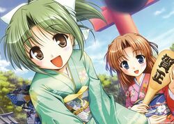  blue_eyes blush brown_eyes brown_hair green_hair japanese_clothes kimono long_hair ponytail ribbon ribbons short_hair sky torii 
