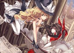  2girls black_gloves bow broom brown_eyes brown_hair choker dress elbow_gloves gloves hair_bow hair_tubes hakurei_reimu hat hug_(artist) kirisame_marisa long_hair looking_at_viewer multiple_girls smile thigh-highs touhou white_dress white_legwear witch_hat yellow_eyes 