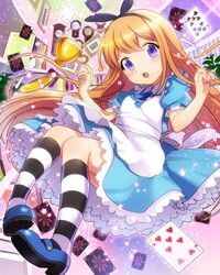  1girl blonde_hair blush card cup dress ensemble_girls hair_ornament highres long_hair open_mouth ribbon solo teacup violet_eyes 