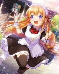  2girls blonde_hair blue_eyes blue_hair dress ensemble_girls hair_ornament highres long_hair maid maid_headdress multiple_girls open_mouth original purple_hair ribbon skirt smile waving 