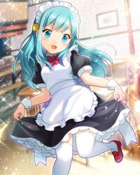  1girl blue_eyes blue_hair classroom dress ensemble_girls hair_ornament highres long_hair maid maid_headdress open_mouth original ribbon solo 