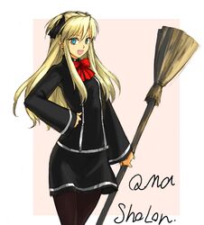  blonde_hair blue_eyes broom kimuchi long_hair pantyhose quiz_magic_academy school_uniform shalon 
