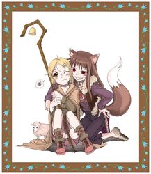  bell blonde_hair boots brown_eyes brown_hair holo kuronekokan_monpetit long_hair nora_arento red_eyes sheep shepherd shepherd's_crook spice_and_wolf staff tail wolf_ears 
