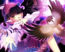  1girl animal_ears bird clear_moon dutch_angle feathers fingernails hat highres long_fingernails looking_at_viewer mystia_lorelei nail_polish outstretched_hand owl pink_hair shaded_face short_hair solo touhou yellow_eyes 