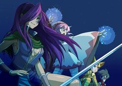  blonde_hair blue_eyes breasts butz_klauser cleavage faris_scherwiz final_fantasy final_fantasy_v green_eyes hood kimimaru krile_mayer_baldesion lenna_charlotte_tycoon magic night pink_hair purple_hair reverse_trap smile sword thigh-highs thighhighs weapon white_mage 