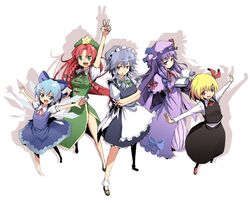  between_fingers blonde_hair blue_eyes blue_hair book braid cirno green_eyes hair_ribbon hat hong_meiling izayoi_sakuya kasuga_(pixiv) kasuga_ayumu_(artist) knife outstretched_arms patchouli_knowledge purple_hair red_eyes red_hair redhead ribbon rumia silver_hair spread_arms touhou twin_braids v 