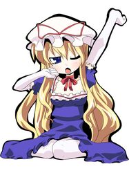  blue_eyes chibi choker elbow_gloves gloves hat hujikok long_hair pantyhose ribbon ribbons touhou wink yakumo_yukari yawn yawning 