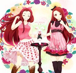  2girls blush boots brown_hair casual closed_eyes dress dual_persona finger_to_mouth floral_print flower grin happy_birthday idolmaster leaf long_hair minase_iori multiple_girls navel nira_(vira) pink_eyes skirt sleeveless smile strawberry_print stuffed_animal stuffed_bunny stuffed_toy thigh-highs zettai_ryouiki 