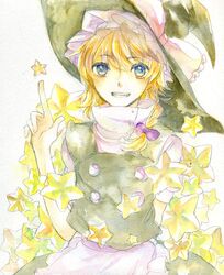  blue_eyes braid hair_ribbon hat kirisame_marisa ribbon sketch sugi touhou traditional_media watercolor_(medium) witch_hat 