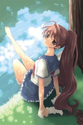  brown_eyes brown_hair feet feet_in_water long_hair original ponytail sakurai_unan school_uniform serafuku soaking_feet water 