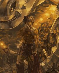  abs beard belt brown_eyes brown_hair cape cave facial_hair gloves gym_leader haganeil male manly messy_hair mining muscle nintendo pokemon shovel standing steelix sweat tougan_(pokemon) underground worktool 