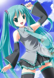  detached_sleeves green_eyes green_hair hatsune_miku nail_polish necktie thigh-highs thighhighs twintails vocaloid zettai_ryouiki 