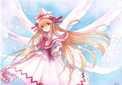  1girl :d brown_hair flower hat lily_white long_hair mosho open_mouth petals red_eyes smile solo touhou traditional_media watercolor_(medium) wings 