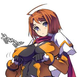  akaga_hirotaka bb blue_eyes blush bodysuit breast_lift breast_rest breast_resting breasts cleavage embarrassed erect_nipples huge_breasts mai_hime my-hime my-otome orange_hair pumpkin_kingdom scarf short_hair skin_tight solo tokiha_mai translation_request 