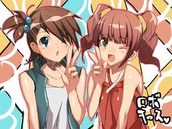  futami_ami hair_bobbles hair_ornament idolmaster mizore_syrup takatsuki_yayoi twintails wink 
