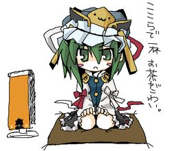  :< :3 blush_stickers bow chibi cushion green_eyes green_hair hand_on_thigh hat kotojima_motoki kotoshima oekaki open_mouth ribbon ribbons seiza shikieiki_yamaxanadu simple_background sitting skirt solo touhou translated west_lagoon zabuton 