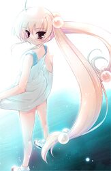  bad_id blush bottomless dress dress_lift from_behind hair_bobbles hair_ornament kodomo_no_jikan kokonoe_rin loli long_hair looking_back shoes socks twintails uwabaki 