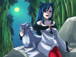  1girl animal_ears bamboo bamboo_forest bare_shoulders black_hair breasts brooch cleavage dress fang fingernails forest imaizumi_kagerou jewelry long_hair moon nature open_mouth red_eyes sitting touhou wolf wolf_ears 