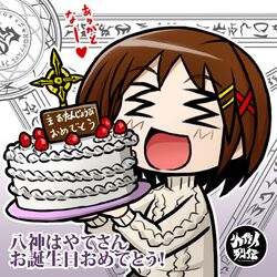  1girl birthday_cake blush brown_hair closed_eyes food fruit hair_ornament heart long_sleeves lyrical_nanoha magic_circle mahou_shoujo_lyrical_nanoha mahou_shoujo_lyrical_nanoha_a's open_mouth schwertkreuz short_hair solo strawberry sweater translation_request tsukamoto_takashi yagami_hayate 