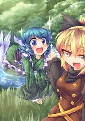  2girls blonde_hair blue_eyes blue_hair blush bow brown_eyes brown_hair fun_bo grass hair_bow head_fins japanese_clothes kimono kurodani_yamame long_sleeves mermaid monster_girl multiple_girls obi open_mouth shirt smile sparkle touhou turtleneck v_arms wakasagihime water 