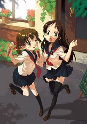  braid brown_hair flower food green_eyes ice_cream legs licking orange_eyes original school_uniform serafuku shirane_taito standing_on_one_leg surprised thighhighs twin_braids twintails 
