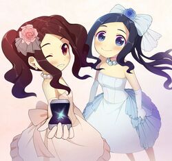  2girls blue_eyes blue_hair blush brown_hair dress flower hair_flower hair_ornament hym9594 jewelry long_hair multiple_girls original ponytail ring smile twintails violet_eyes wink 