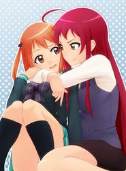  2girls braid brown_eyes hataraku_maou-sama! long_hair multiple_girls open_mouth orange_hair panties redhead ribbon sasaki_chiho short_hair short_twintails skirt smile twintails underwear yellow_eyes yusa_emi 