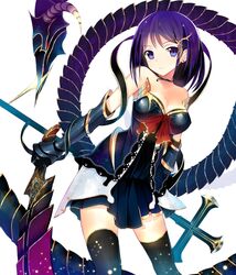  1girl bare_shoulders black_legwear blue_eyes blue_hair breasts choker cleavage dragon dress dutch_angle earrings gauntlets hair_ornament jewelry light_smile solo sparkle staff sword tetsu_(countryside) thigh-highs weapon 