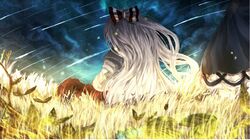  2girls bow from_behind fujiwara_no_mokou hair_bow kamishirasawa_keine long_hair multiple_girls night shooting_star sitting solo_focus touhou touro white_hair 