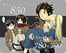  belt black_eyes black_hair blonde_hair boots brown_hair carrying eren_jaeger jacket mikasa_ackerman multiple_girls nibaji ponytail princess_carry scar scarf shingeki_no_kyojin short_hair thigh_strap 
