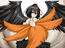 1girl black_hair black_wings hat looking_at_viewer madara_hato shameimaru_aya short_hair smile solo tokin_hat touhou wings 